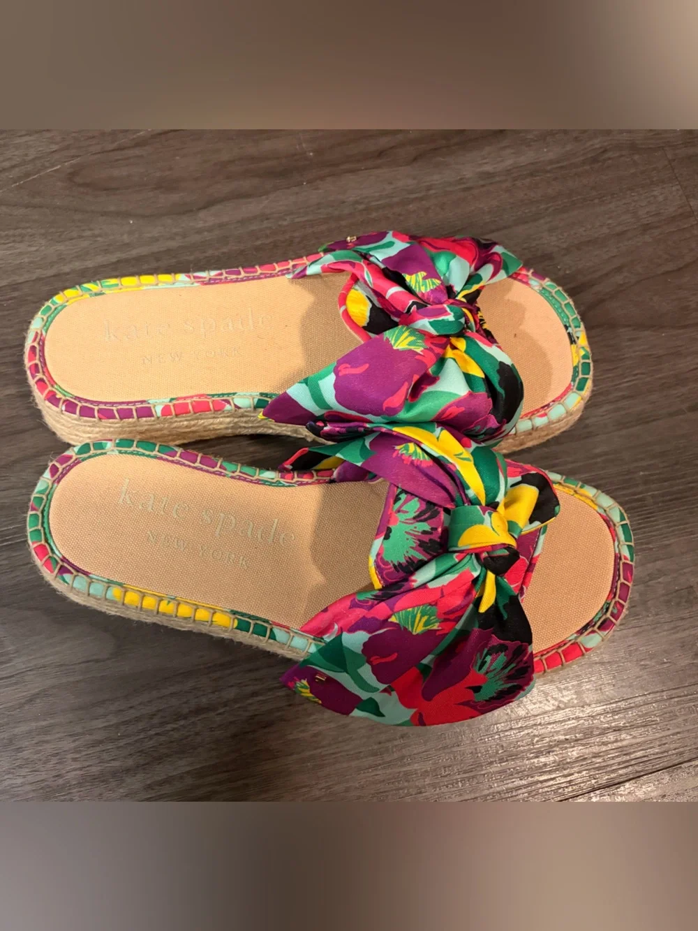 NWOT Kate Spade New York Floral Bow Platform Espadrille Slides Size 8.5 - Picture 2 of 4